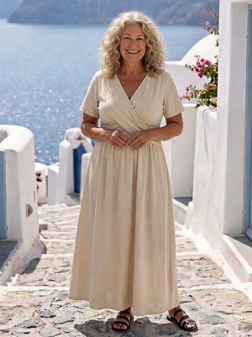 Alvara | V Neck Short Sleeve Wrap Waist Midi Dress