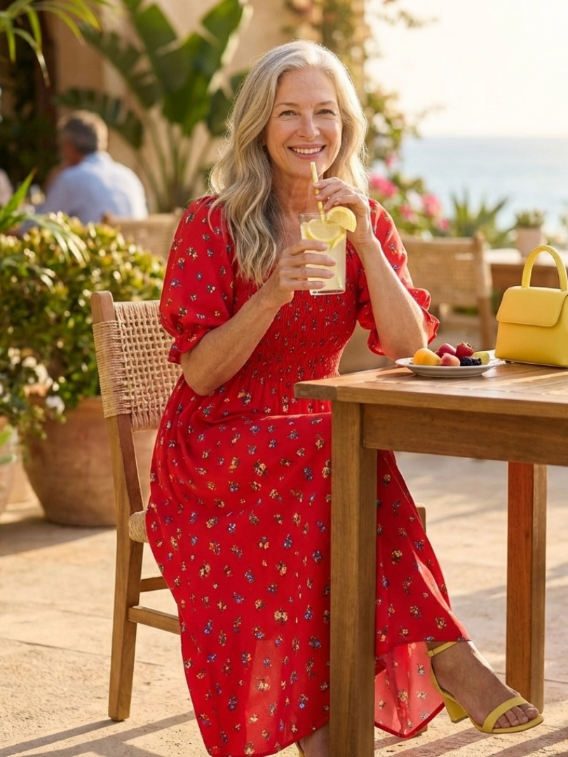 Delphine | Square Neck Floral Puff Sleeve Midi Dress