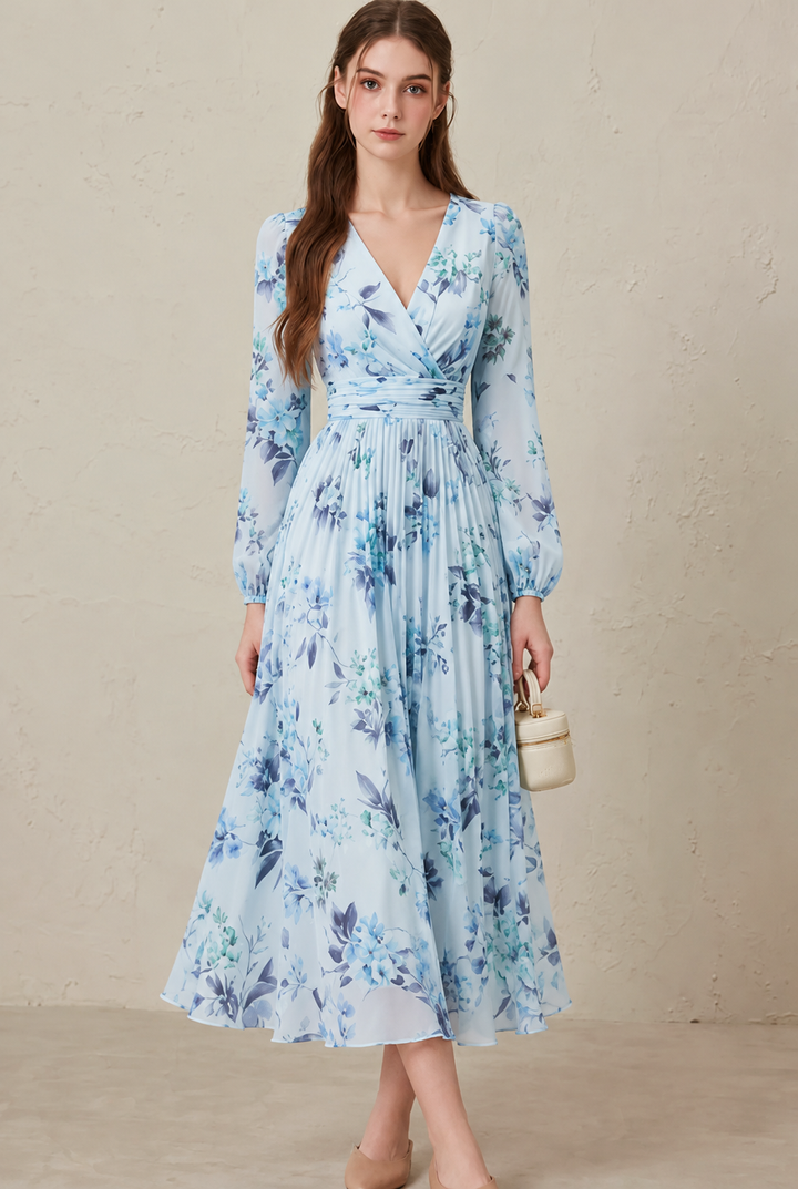 Seraphina | Blue Porcelain Print Long Sleeve Belted Maxi Dress