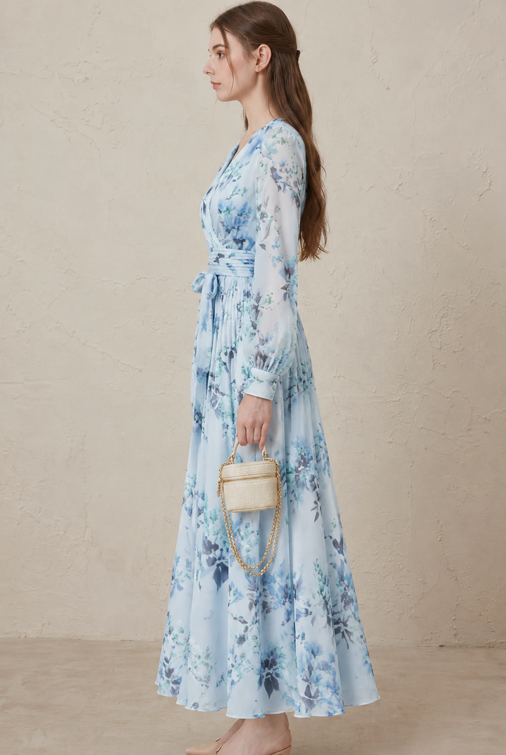 Seraphina | Blue Porcelain Print Long Sleeve Belted Maxi Dress