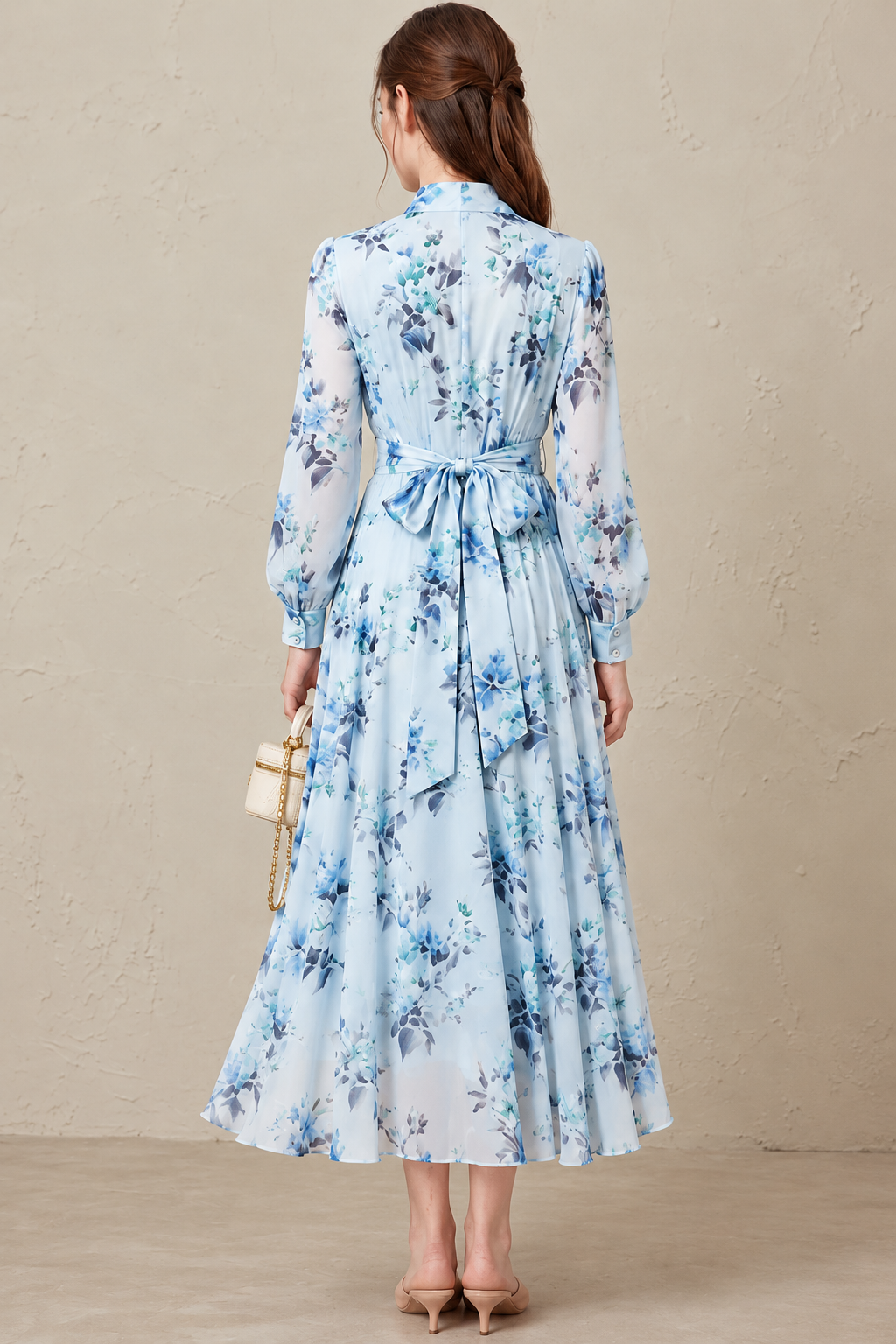 Seraphina | Blue Porcelain Print Long Sleeve Belted Maxi Dress