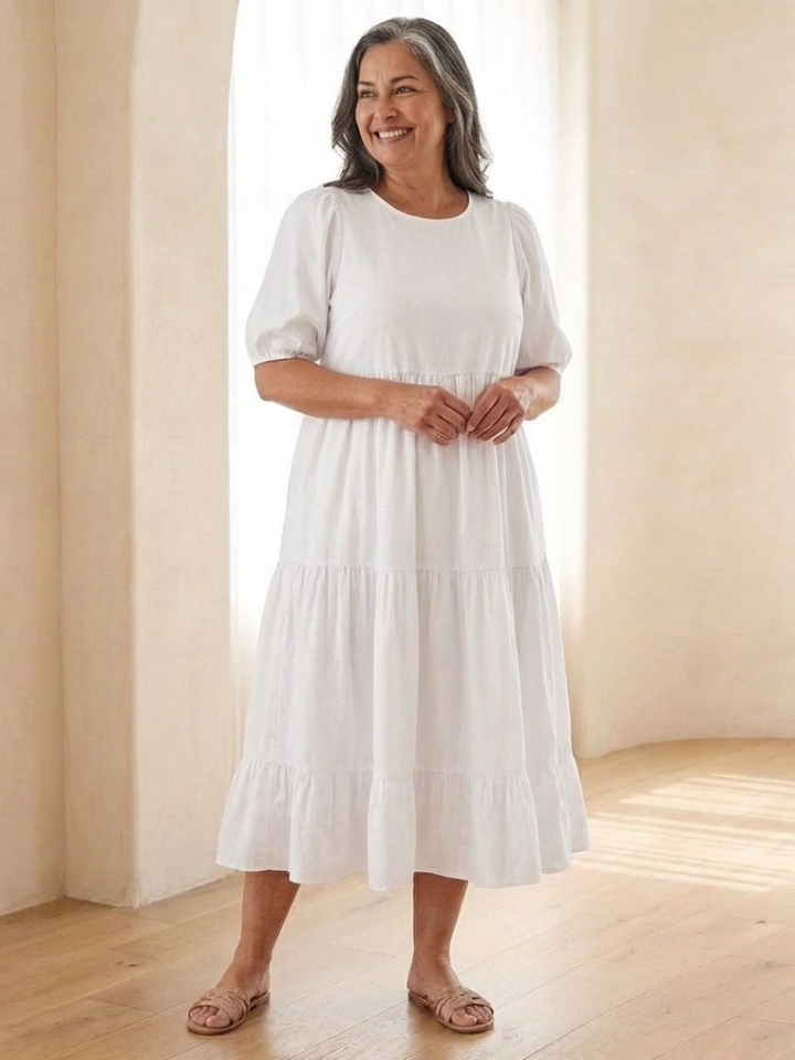 Brina | Round Neck Puff Sleeve Tiered Midi Dress