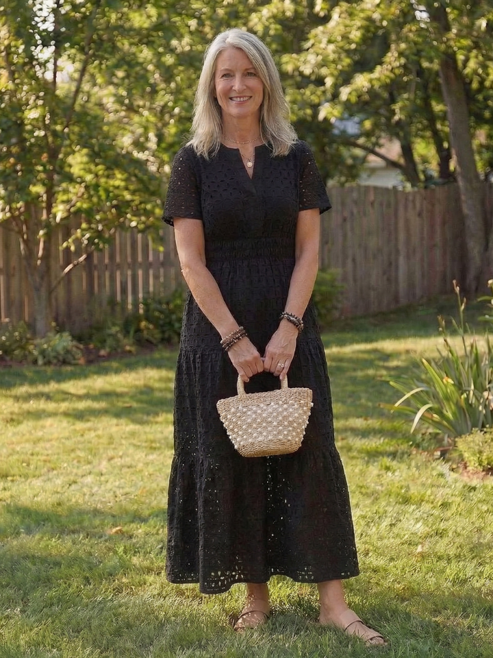 Odelisse | Short Sleeve Eyelet Tiered Midi Dress