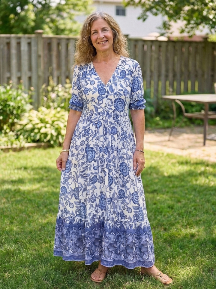 Calandra | Short Sleeve V Neck Floral Midi Dress