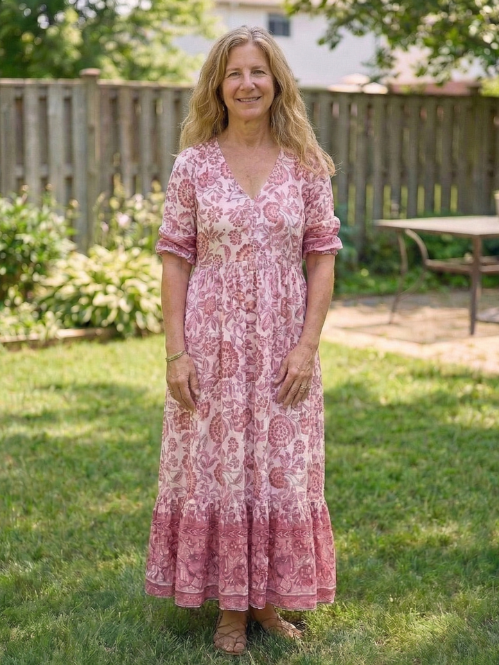 Calandra | Short Sleeve V Neck Floral Midi Dress