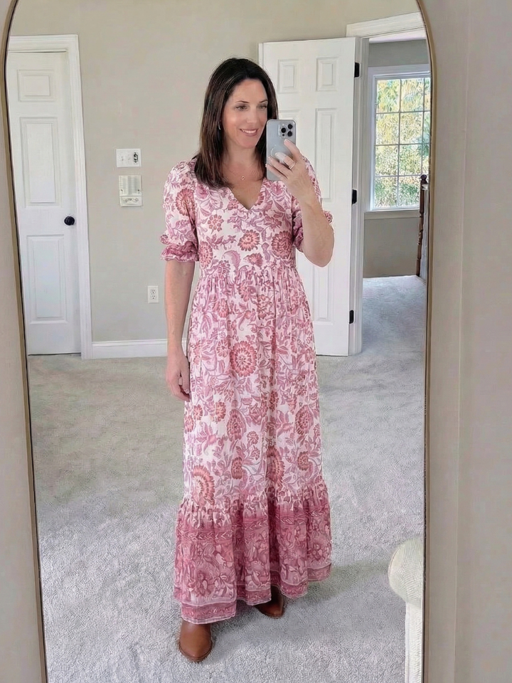 Calandra | Short Sleeve V Neck Floral Midi Dress